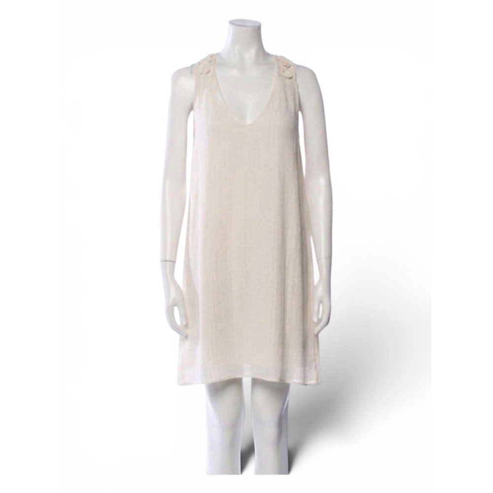 Calypso St Barth Cream Cotton Lurex Stripe Crochet Sz M Rosette Back mini dress